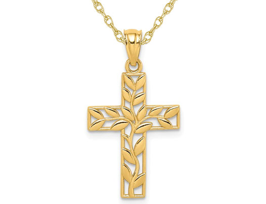 14K Yellow Gold Leaf Cross Pendant Necklace with Chain