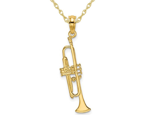 14K Yellow Gold Polished Trumpeet Musical Charm Pendant Necklace with Chain
