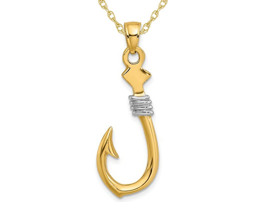 14K Yellow Gold Fish Hook With Rope Charm Pendant Necklace with Chain
