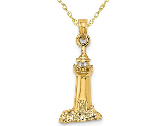 14K Yellow Gold Lighthouse Pendant Necklace Charm with Chain