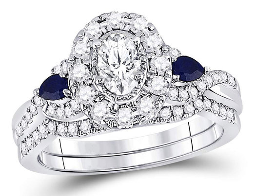 4/5 Carat (ctw G-H, I1-I2) Diamond Engagement Ring and Wedding Band Set in 14K White Gold with Blue Sapphires