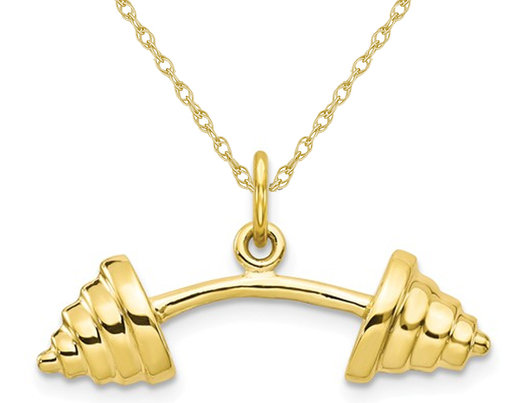 10K Yellow Gold Barbell Charm Pendant Necklace with Chain