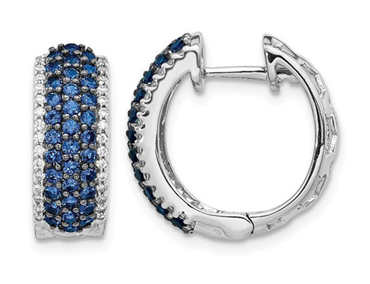 1/10 Carat (ctw) Natural Blue Sapphire Hoop Earrings in 14K White Gold with Diamonds 1/4 Carat (ctw)