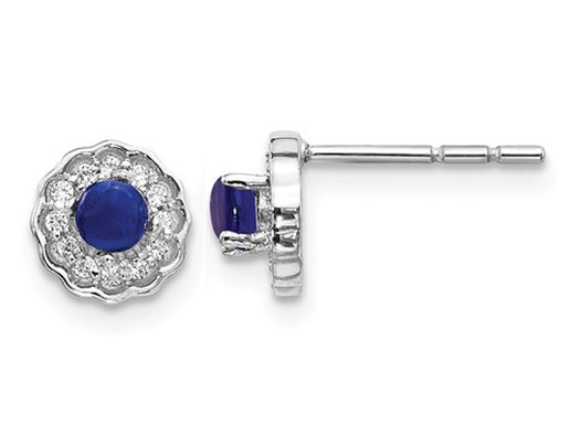 2/5 Carat (ctw) Natural Blue Sapphire Cabachon Earrings in 14K White Gold with Diamonds