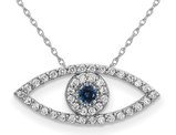 1/20 Carat (ctw) Natural Blue Sapphire Evil Eye Pendant Necklace in 14K White Gold with Diamonds and Chain