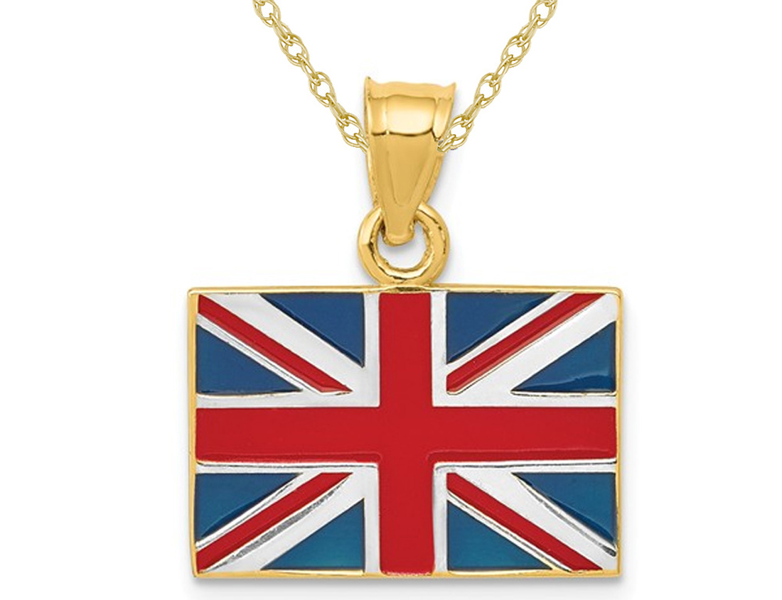 14K Yellow Gold Solid United Kingdom Flag Pendant with Chain