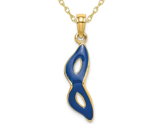 14K Yellow Gold Blue Enamel Mask Charm Pendant Necklace with Chain