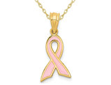 14K Yellow Gold Small Pink Enamel Awareness Ribbon Charm Pendant Necklace with Chain