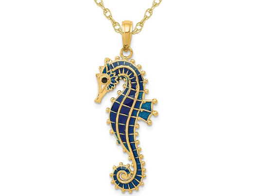 14K Yellow Gold 3-D Blue Enameled Seahorse Charm Pendant Necklace with Chain