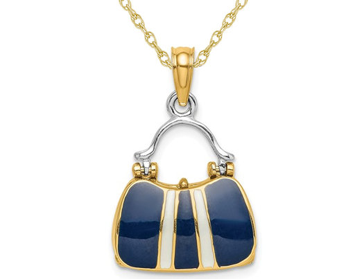14K Yellow Gold 3-D Navy Blue Enameled Handbag Moveable Charm Pendant Necklace with Chain
