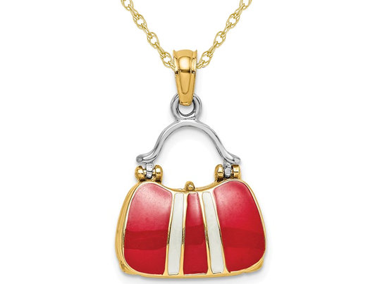14K Yellow Gold 3-D Red Enameled Handbag Moveable Charm Pendant Necklace with Chain