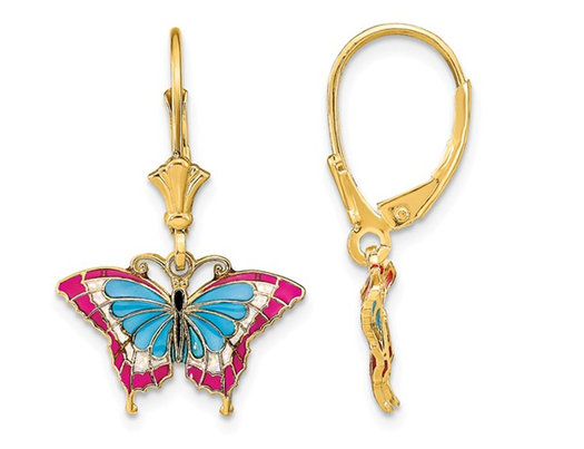 Blue and Red Stained Glass Butterfly Dangle Leverback Earrings in 14K Yellow Gold