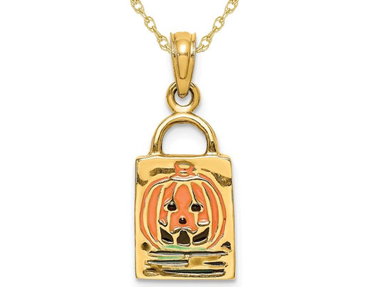 14K Yellow Gold Halloween Pumpkin Charm Pendant Necklace with Chain