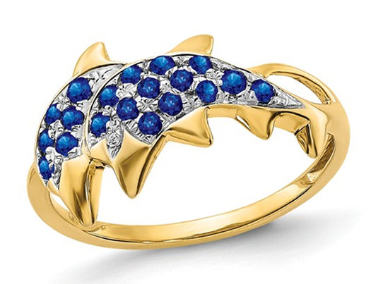 1/3 Carat (ctw) Blue Sapphire Dolphin Ring in 14K Yellow Gold