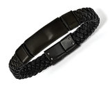 Men's Bracelet in Black Stainless Steel with Braided Leather (8.5 Inch)
