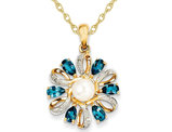 1.50 Carat (ctw) London Blue Topaz Flower Pearl Pendant Necklace in 14K Yellow Gold with Chain
