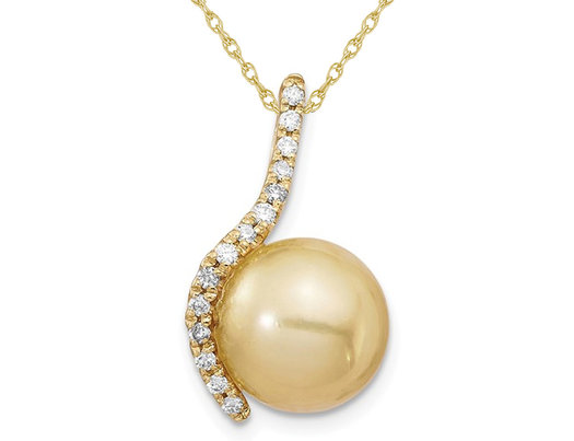 10-11mm Saltwater Cultured South-Sea Pearl Pendant Necklace in 14K Yellow Gold with Diamonds 1/8 Carat (ctw) and Chain