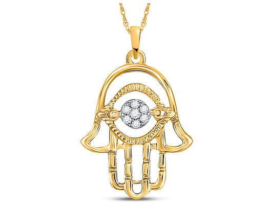 1/20 Carat (ctw I2-I3) Accent Diamond Hamsa Charm Pendant Necklace in 10K Yellow Gold with Chain