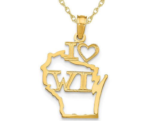 14K Yellow Gold Solid Wisconsin State Charm Pendant Necklace with Chain