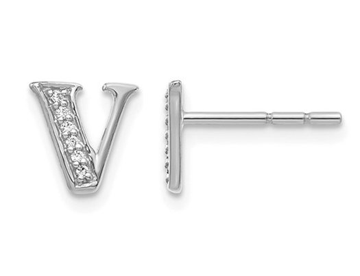 Accent Diamond Serif Letter - V - Charm Earrings in 14K White Gold