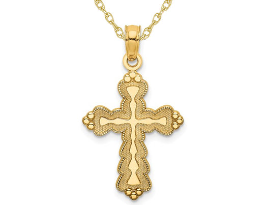 14K Yellow Gold Scalloped Cross Charm Pendant Necklace with Chain 