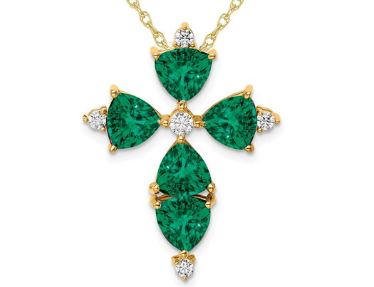 6.50 Carat (ctw) Lab-Created Emerald Cross Pendant Necklace 14K Yellow Gold with Lab Created Diamonds