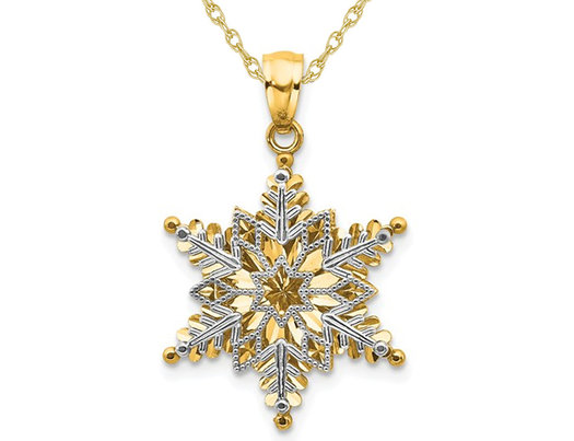 14K Yellow and White Gold Snowflake Charm Pendant Necklace with Chain