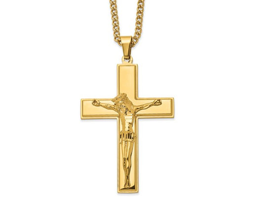 Men's Chisel Yellow Plated Stainless Steel Crucifix Necklace with Chain