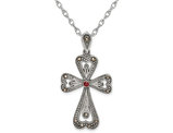 Sterling Silver Antiqued Marcasite And Garnet Cross Pendant Necklace with Chain