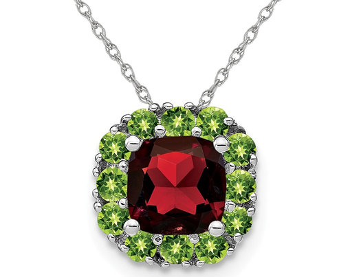 1.65 Carat (ctw) Garnet and Peridot Pendant Necklace in 14K White Gold with Chain