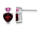 14K White Gold Garnet and Lab Created Pink Sapphire Heart Earrings 1.75 Carats (ctw)