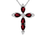 3.40 Carat (ctw) Garnet Cross Pendant Necklace with Accent Diamonds in 14K White Gold with Chain