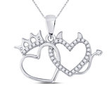 1/7 Carat (ctw) Diamond Devil Princess Double Heart Pendant Necklace in 10K White Gold with Chain