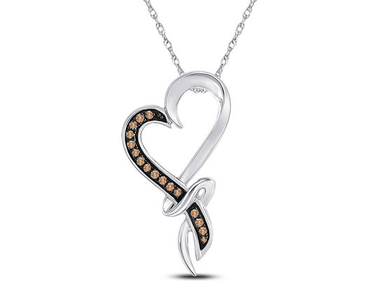 1/10 Carat (ctw) Champagne Diamond Heart Pendant Necklace in 10K White Gold with Chain