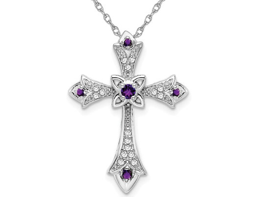 1/10 Carat (ctw) Amethyst Cross Pendant Necklace in 14K White Gold with Diamonds and Chain