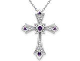 1/10 Carat (ctw) Amethyst Cross Pendant Necklace in 14K White Gold with Diamonds and Chain