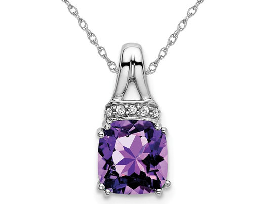 1.25 Carat (ctw) Cushion Cut Amethyst Pendant Necklace in 14K White Gold with Accent Diamonds and Chain