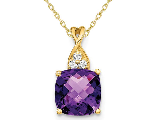 1.70 Carat (ctw) Cushion Cut Amethyst Pendant Necklace in 14K Yellow Gold with Accent Diamonds