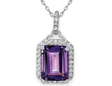 Large 5.00 Carat (ctw) Natural Emerald-Cut Amethyst Pendant Necklace in 10K White Gold with Chain