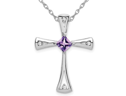 3/10 Carat (ctw) Amethyst Cross Pendant Necklace in 10K White Gold with Chain