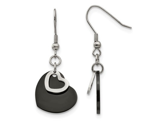 Stainless Steel Black Polished Heart Post Dangle Earrings