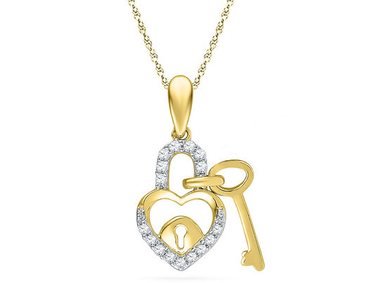 1/10 Carat (ctw I2-I3) Diamond Heart Lock Key Pendant Necklace in 10K Yellow Gold with Chain