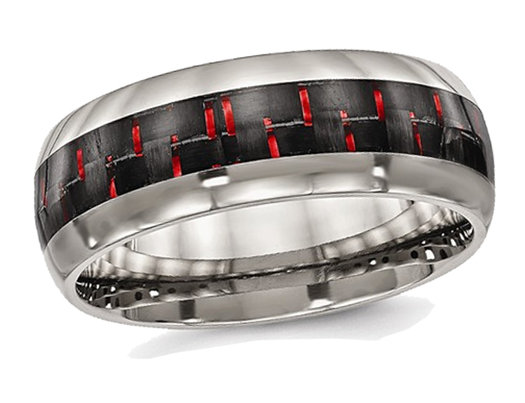 Polished Titanium with Red Carbon Fiber Wedding Band Ring
