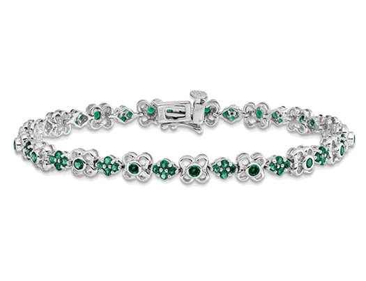 1.95 Carats (ctw) Lab-Created Emerald Flower Bracelet in 14K White Gold