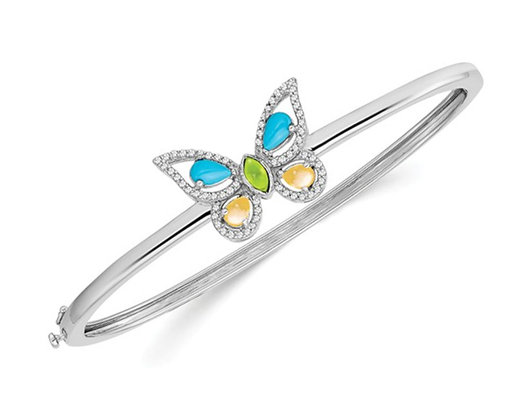 1.40 Carat (ctw) Peridot, Citrine, Turquoise Butterfly Bangle Bracelet  in 14K White Gold
