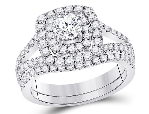 1.60 Carat (ctw G-H, I1-I2) Halo Diamond Engagement Wedding Band Ring Set in 14K White Gold