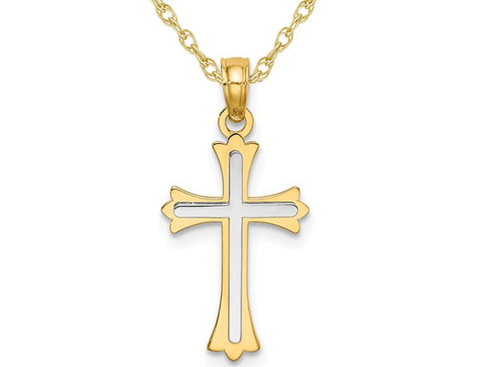 14K Yellow and White Gold Cross Pendant Necklace with Chain