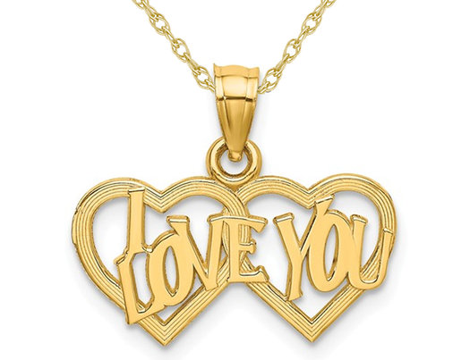 14K Yellow Gold I LOVE YOU Double Heart Pendant Necklace with Chain