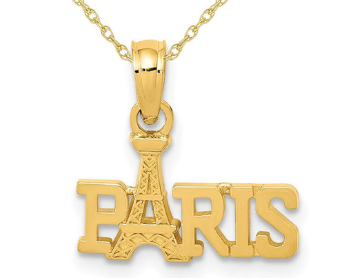 Paris With Eiffel Tower Charm Pendant Necklace in 14K Yellow Gold with Chain