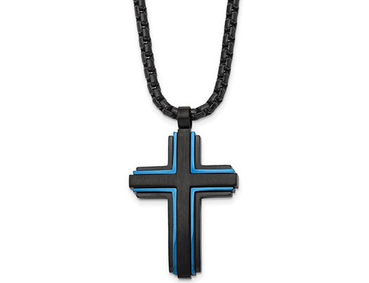 Men's Stainless Steel Blue and Black Cross Necklace with Chain